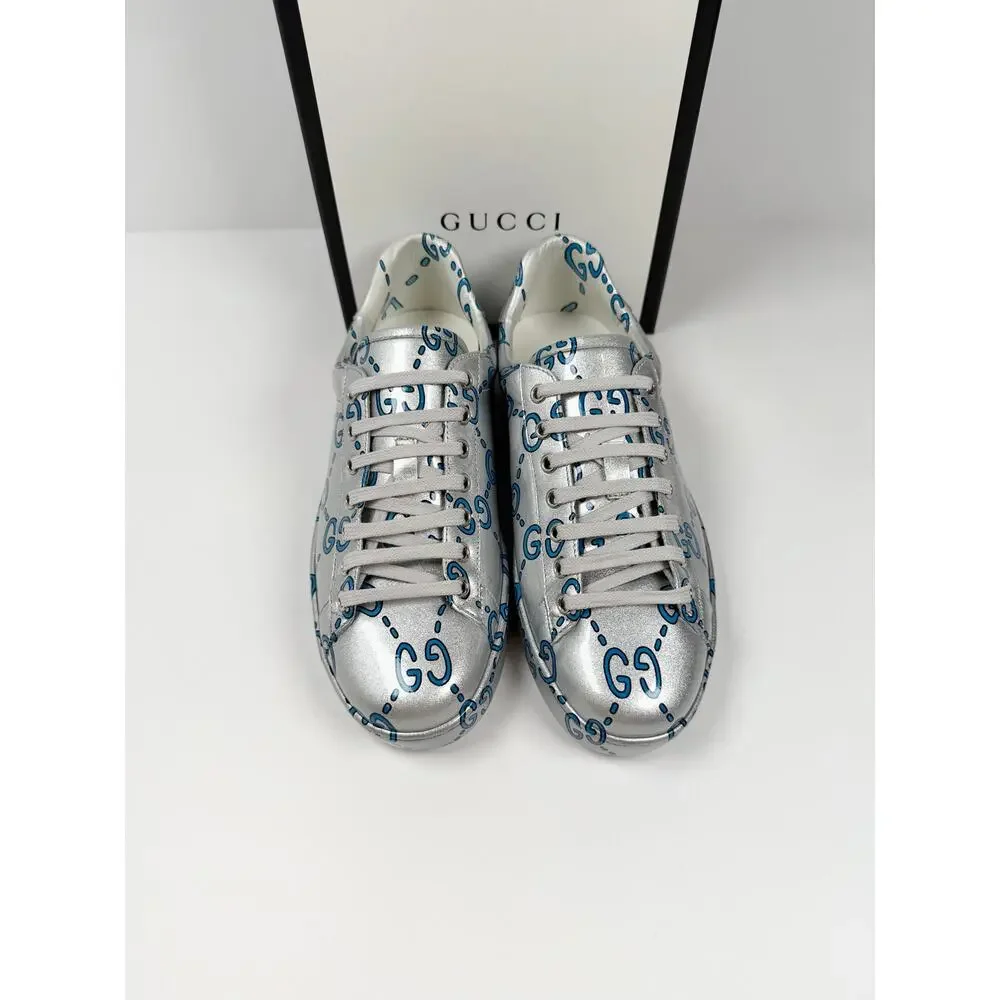 Size 8US - Gucci Ace GG Metallic Silver NEW